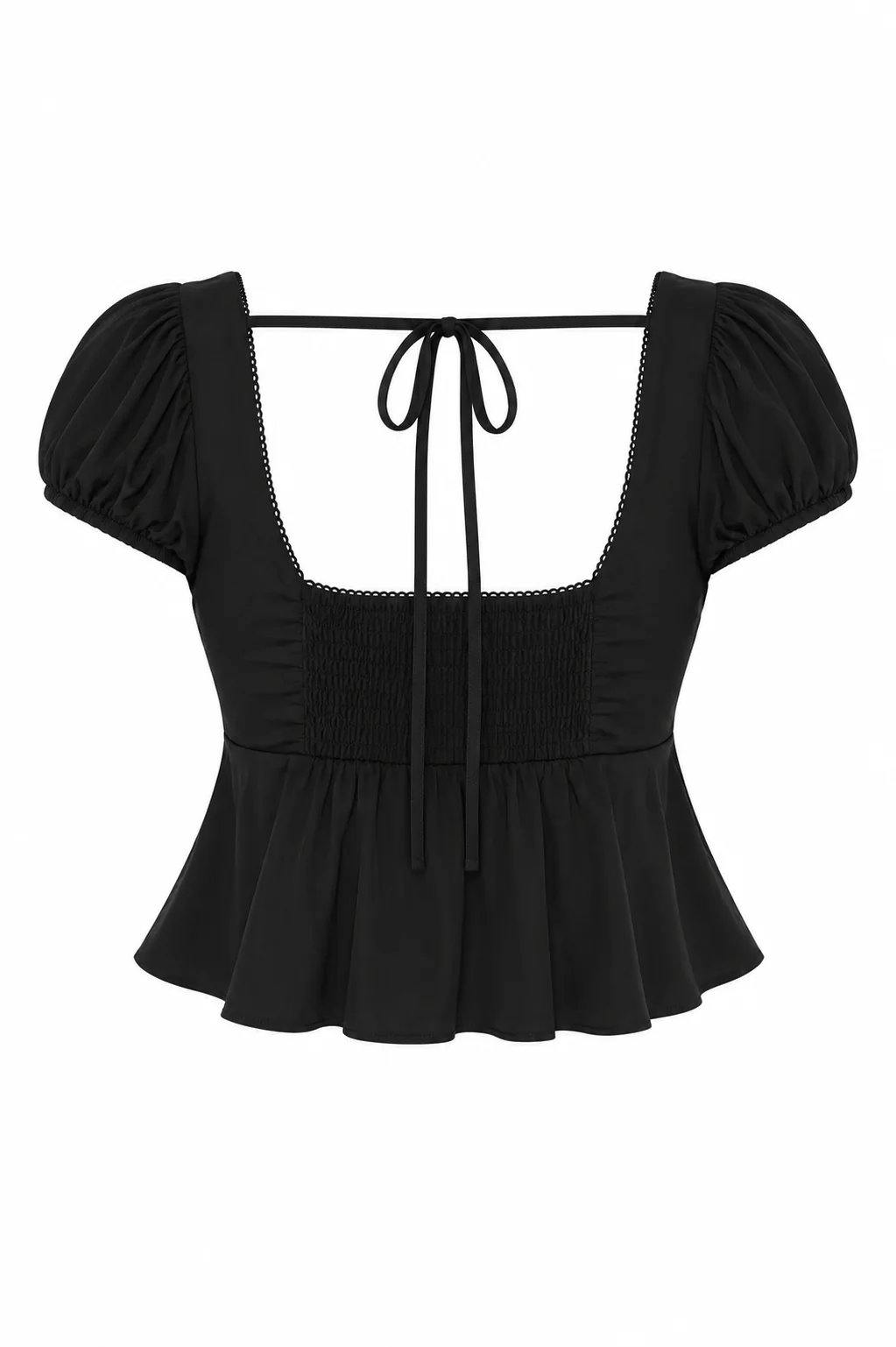 Satin Puff-Sleeve Peplum Crop Top