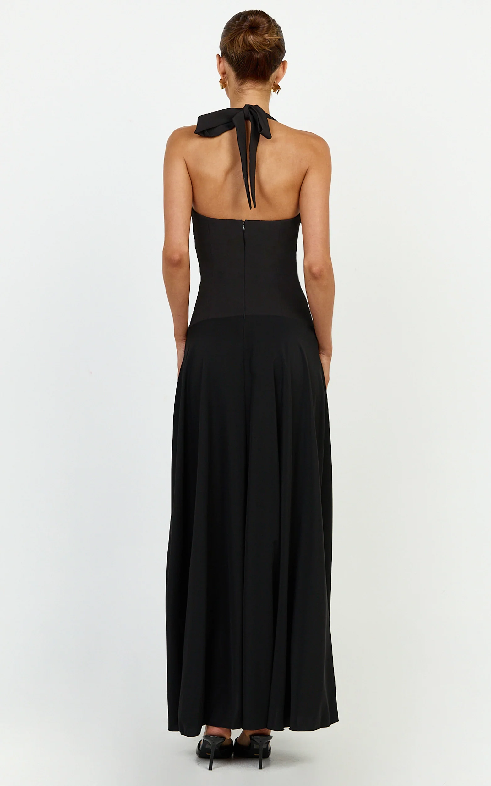 Poppy Maxi Dress - Contrast Skirt Deep Plunge Halter Dress in Black