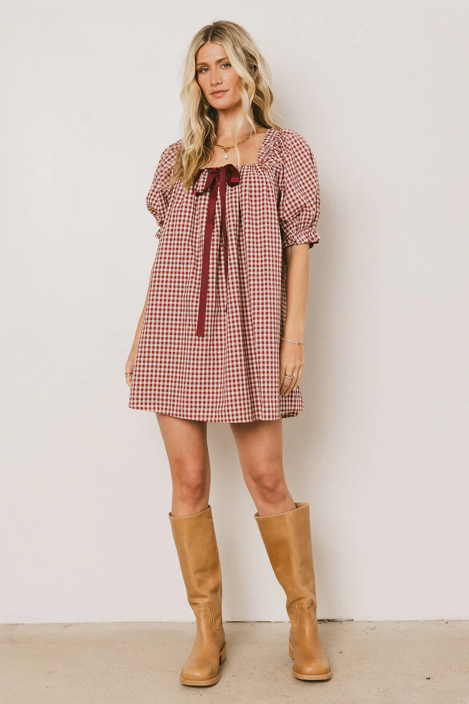 Cody Gingham Mini Dress in Burgundy