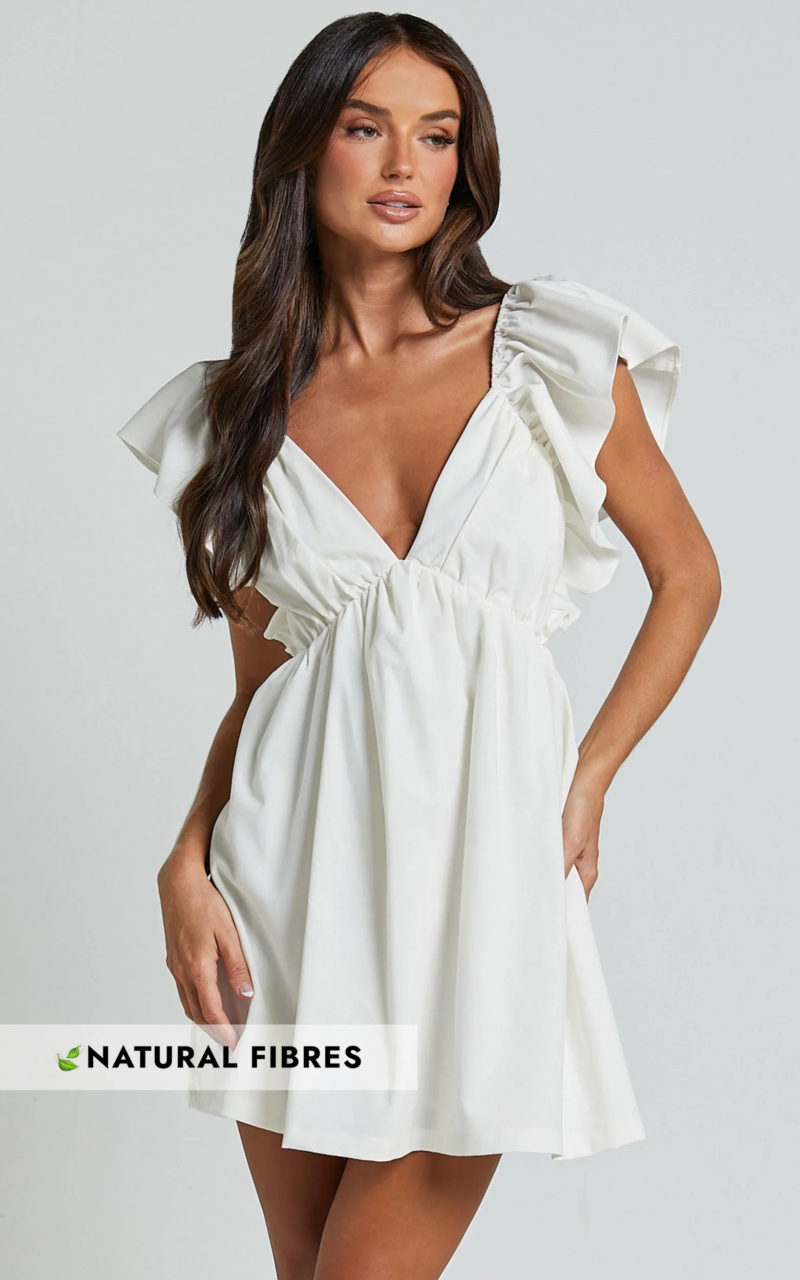 Raiza Mini Dress - Ruffle Sleeve Tie Back Plunge Dress in Off White