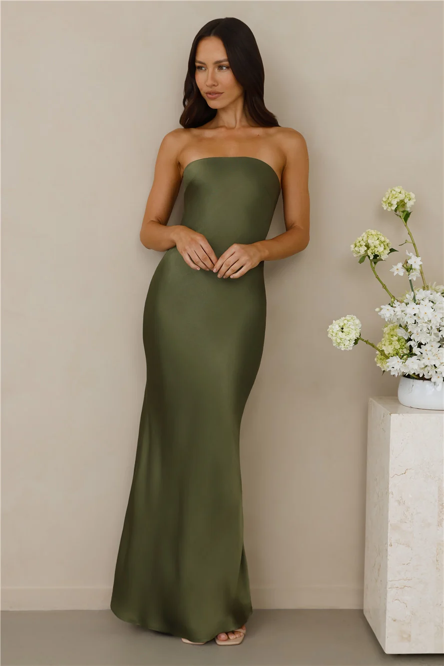 The Felicity Strapless Satin Maxi Dress Olive