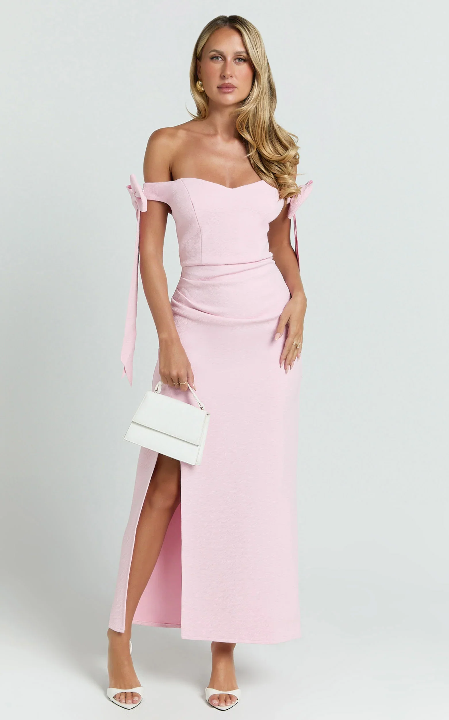 Zyriel Midi Dress - Off Shoulder Bow Sleeve Dress in Pink