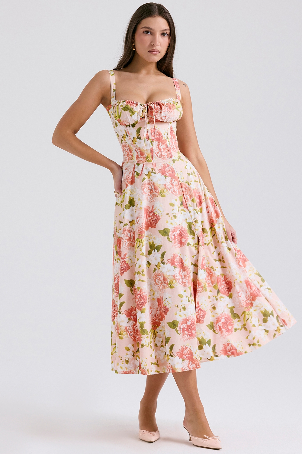 Pink Peony Print Cotton Bustier Sundress