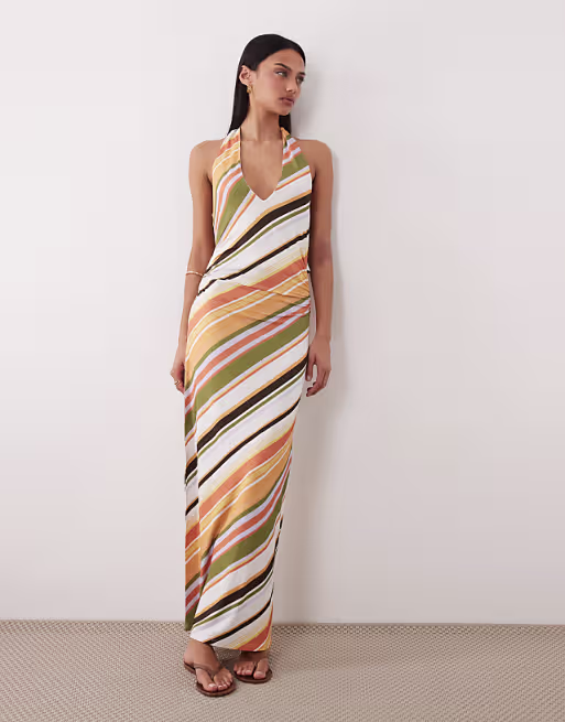 tie back halter midi dress in stripe