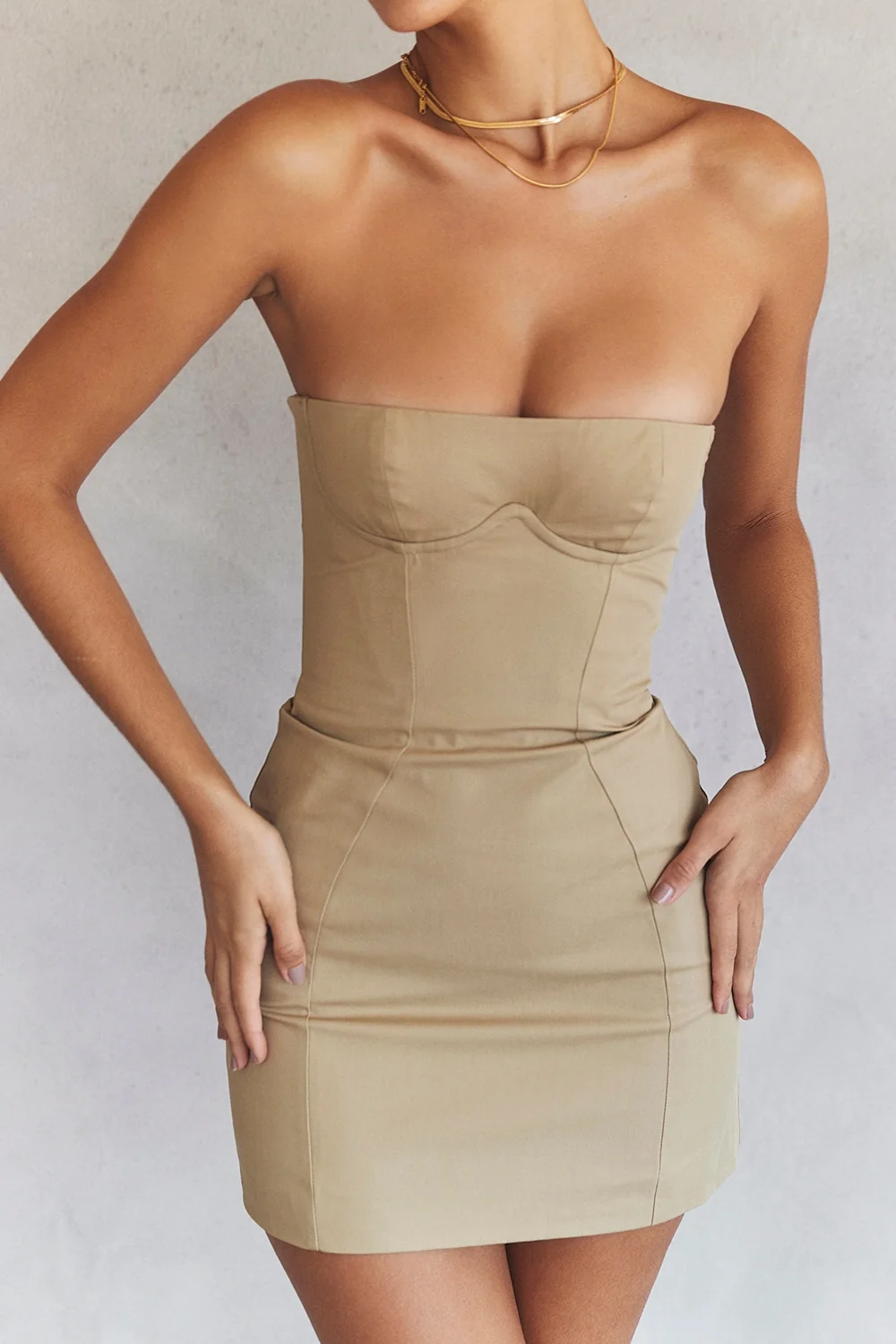 stone strapless mini dress
