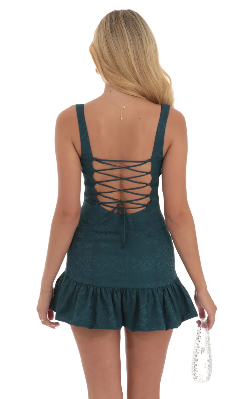 Jacquard Bubble Ruffle Dress in Teal - luluinthesky