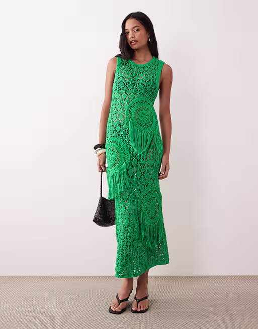 crochet patchwork open stitch maxi dress with fringing in green
