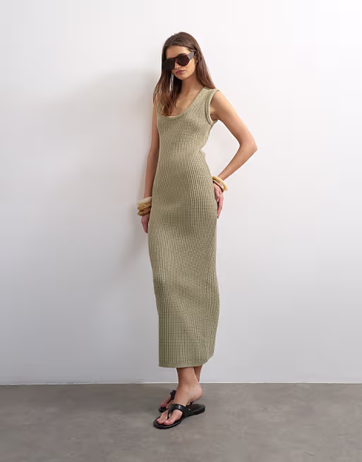 Topshop knit tubular trim scoop neck maxi dress in khaki