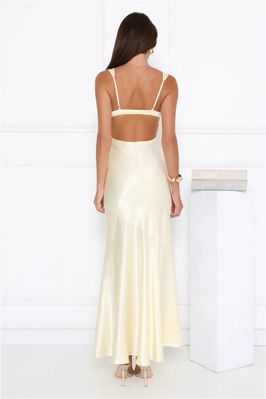 Kiss Crush Satin Maxi Dress Yellow - luluinthesky