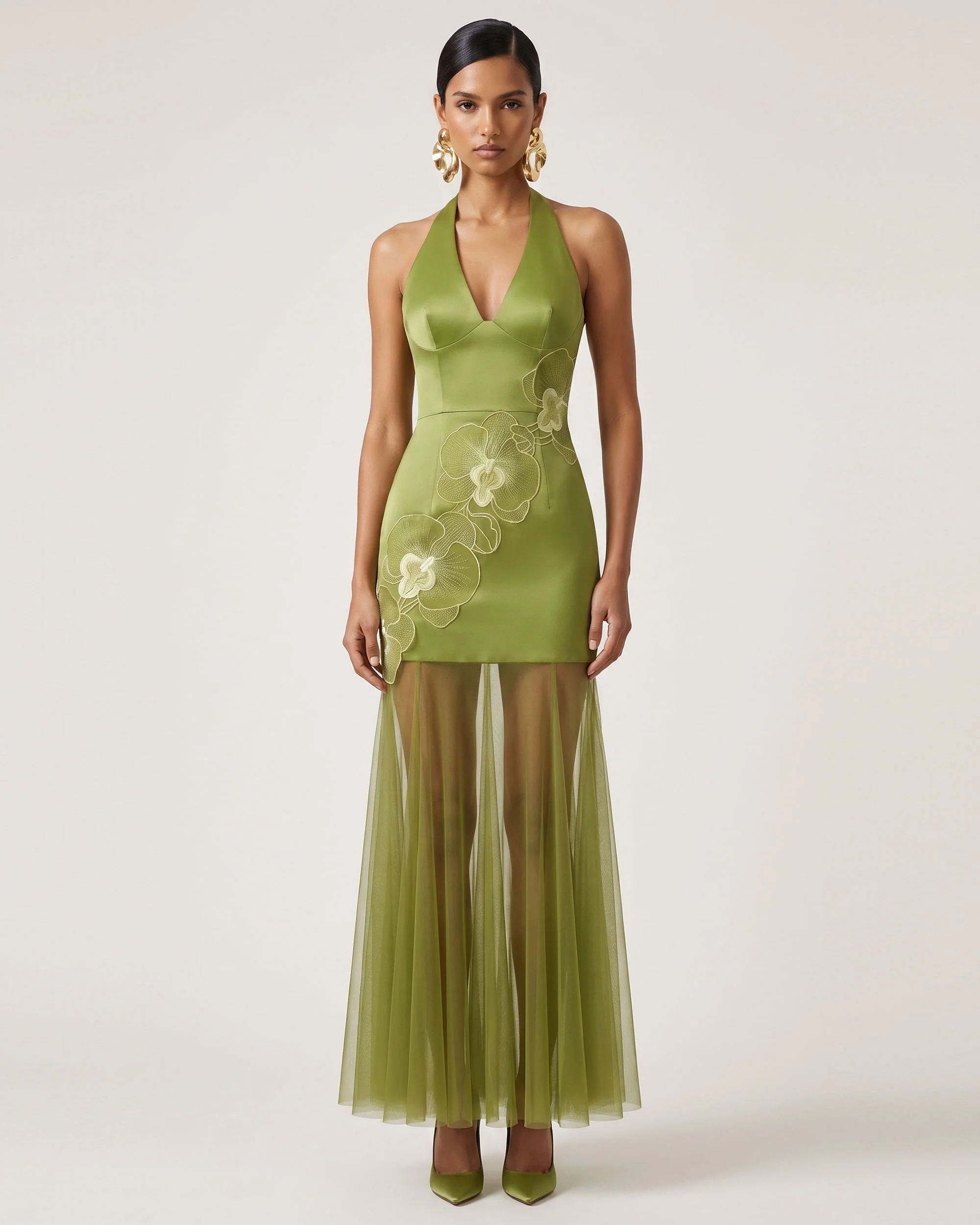Orchid Embroidered Sheer Hem Halter Maxi Dress - Olive