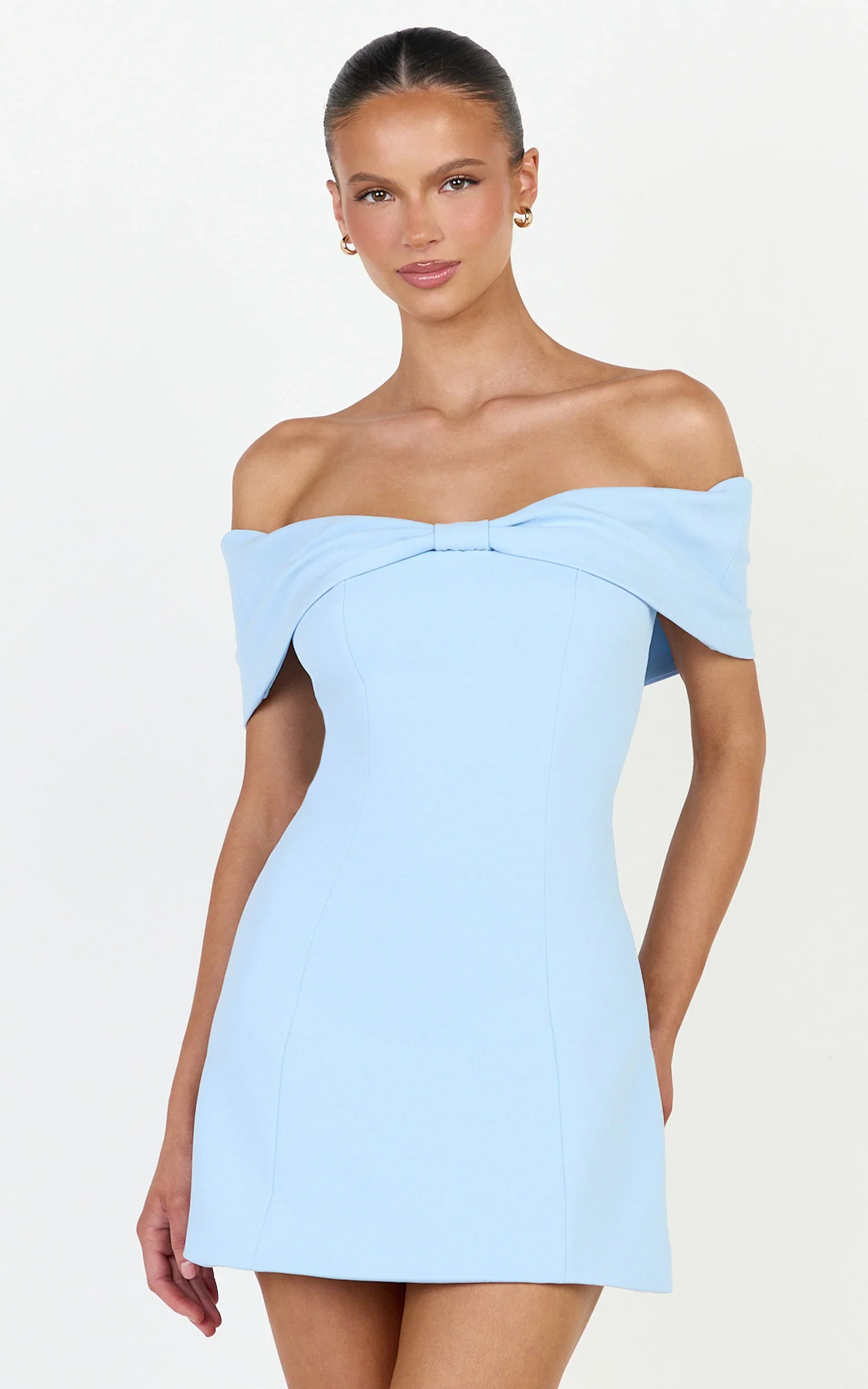 Thalia Mini Dress - Off Shoulder Bow Detail Dress in Light Blue