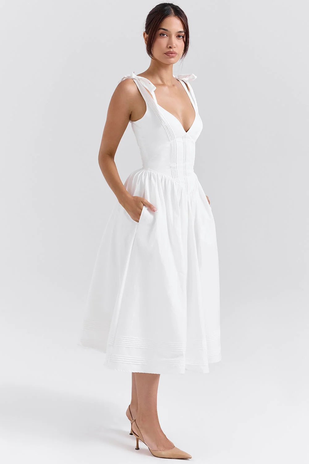 white pin tuck cotton midi sundress
