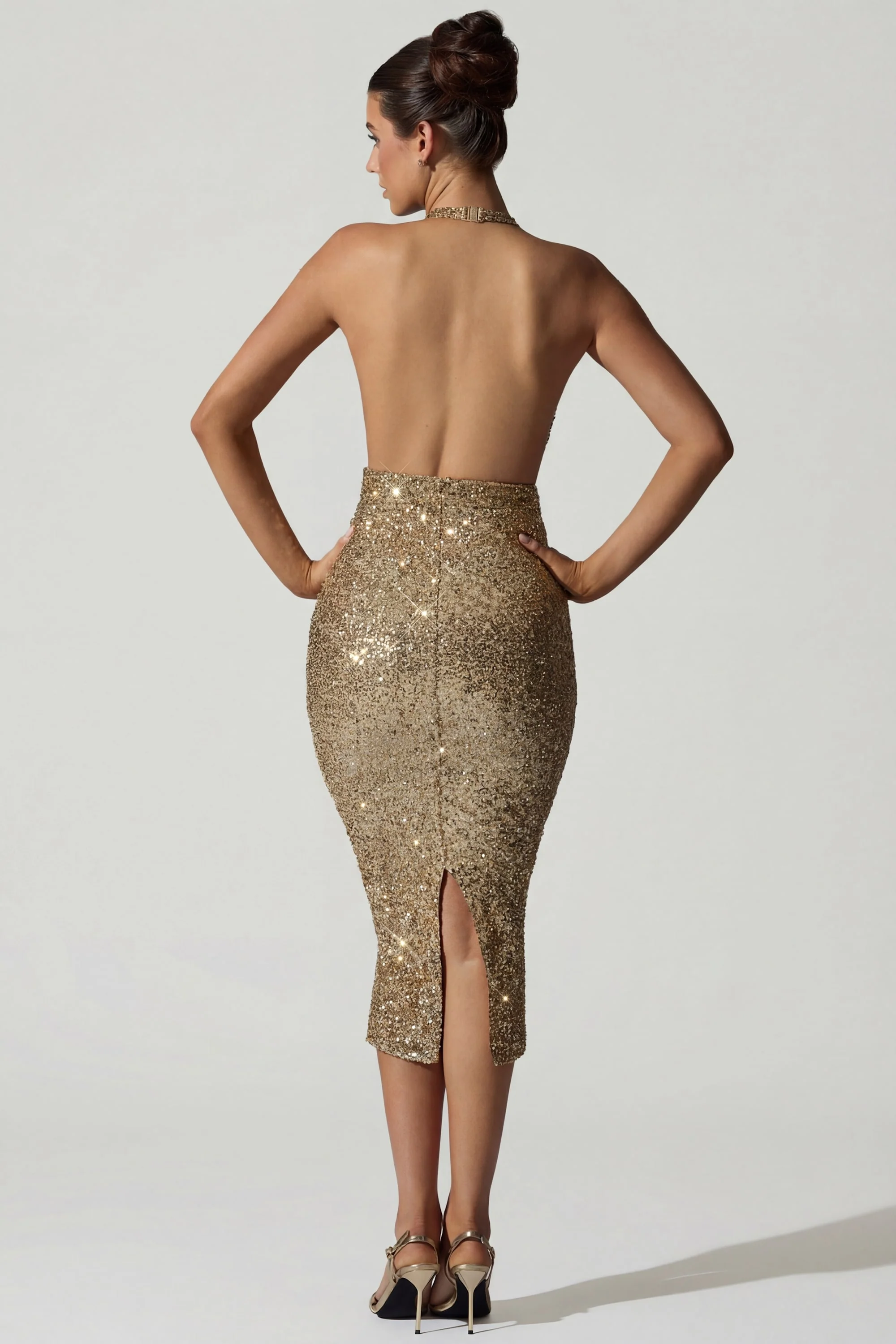 Embellished Cut-Out Open-Back Midaxi Dress in Gold