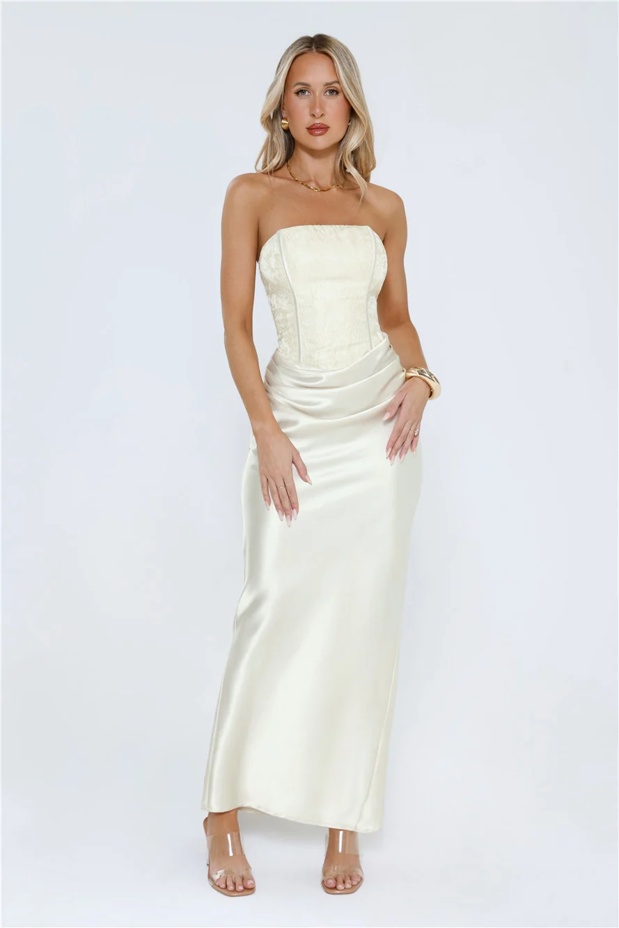 Dressed To Dazzle Strapless Satin Maxi Dress Ivory