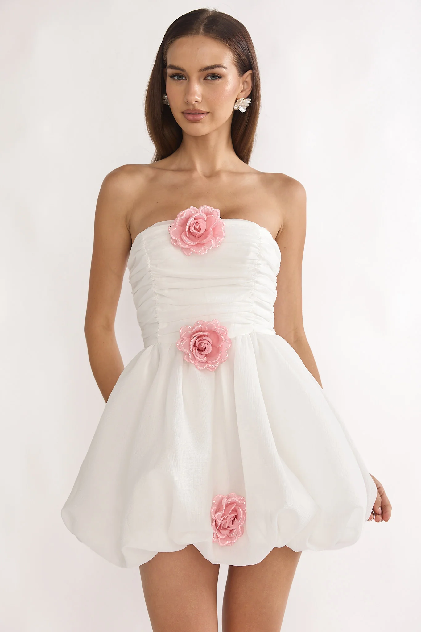 Cassandrae Rosette Strapless Mini Dress White - luluinthesky