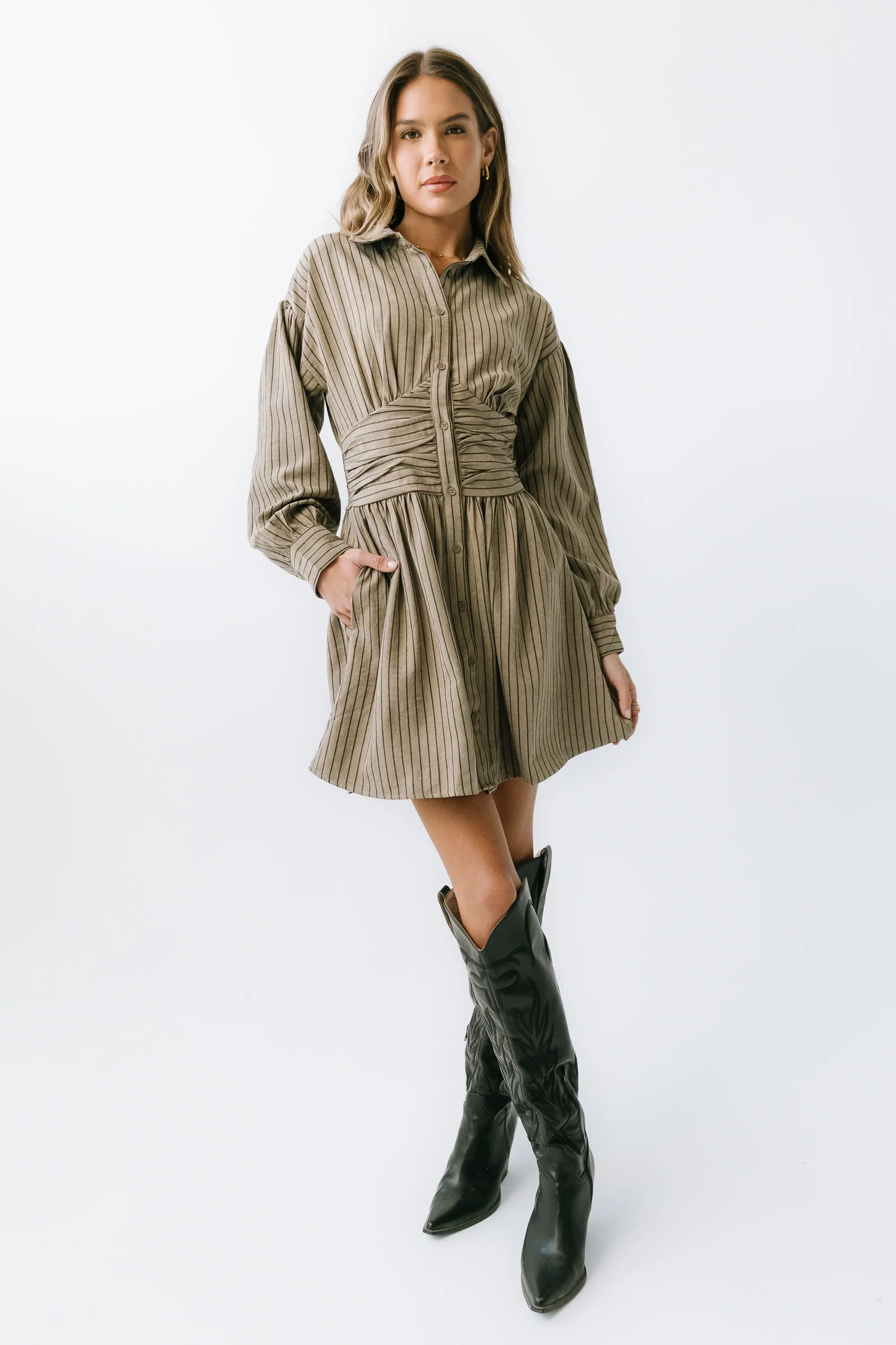 Lonnie Striped Mini Dress in Taupe
