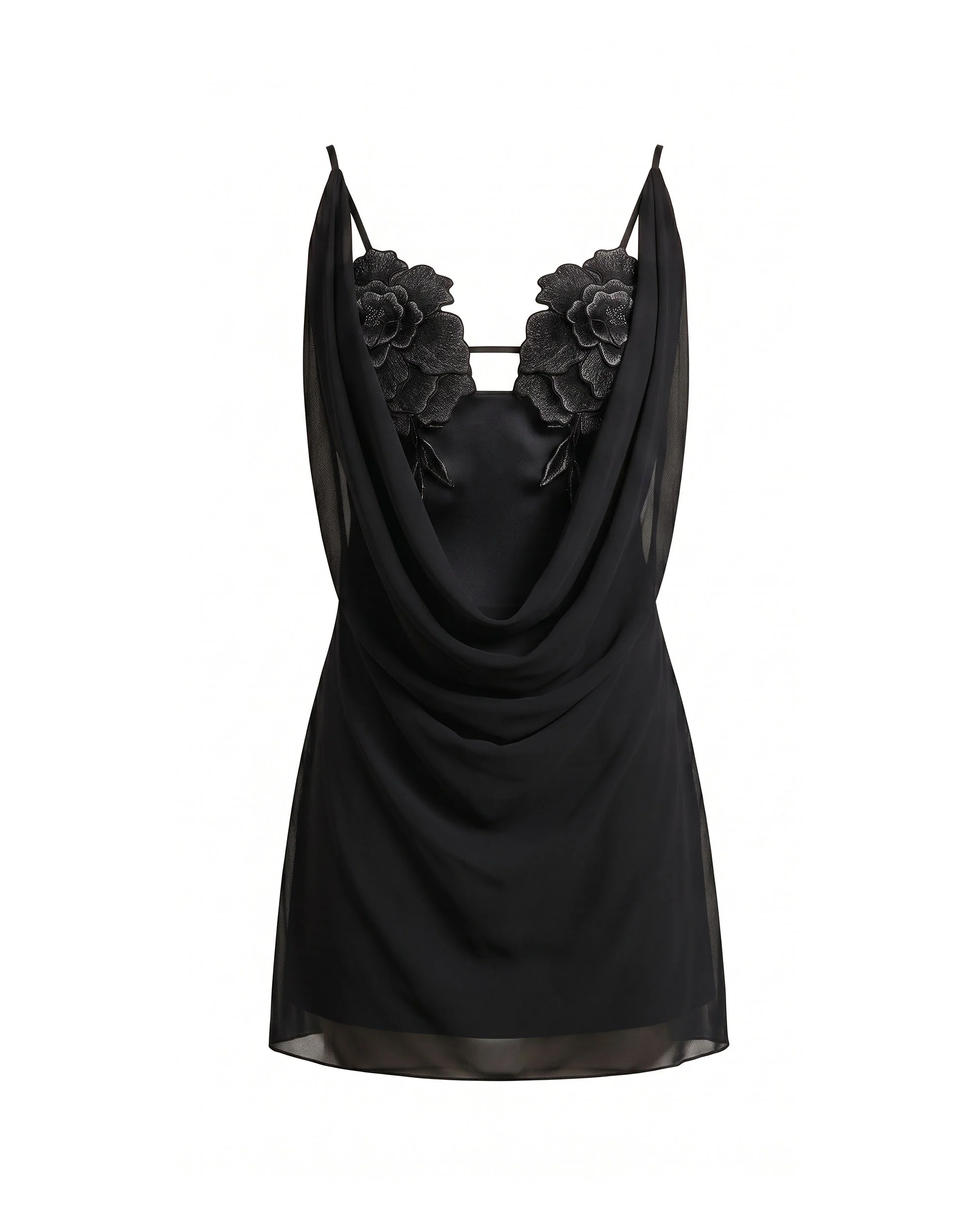 Flower Embroidered Cowl Neck Mini Dress - Black - FASHION NOB