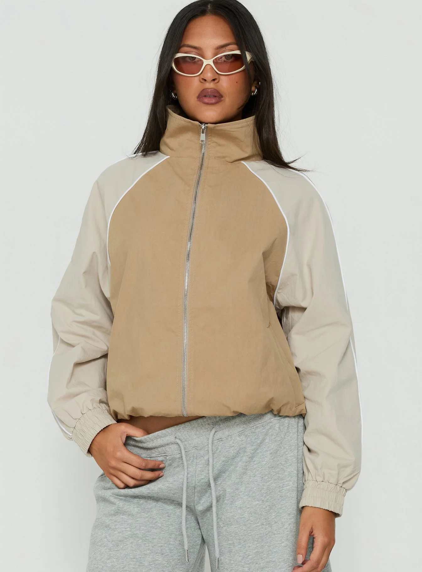 Mistro Funnel Neck Windbreaker Jacket Beige