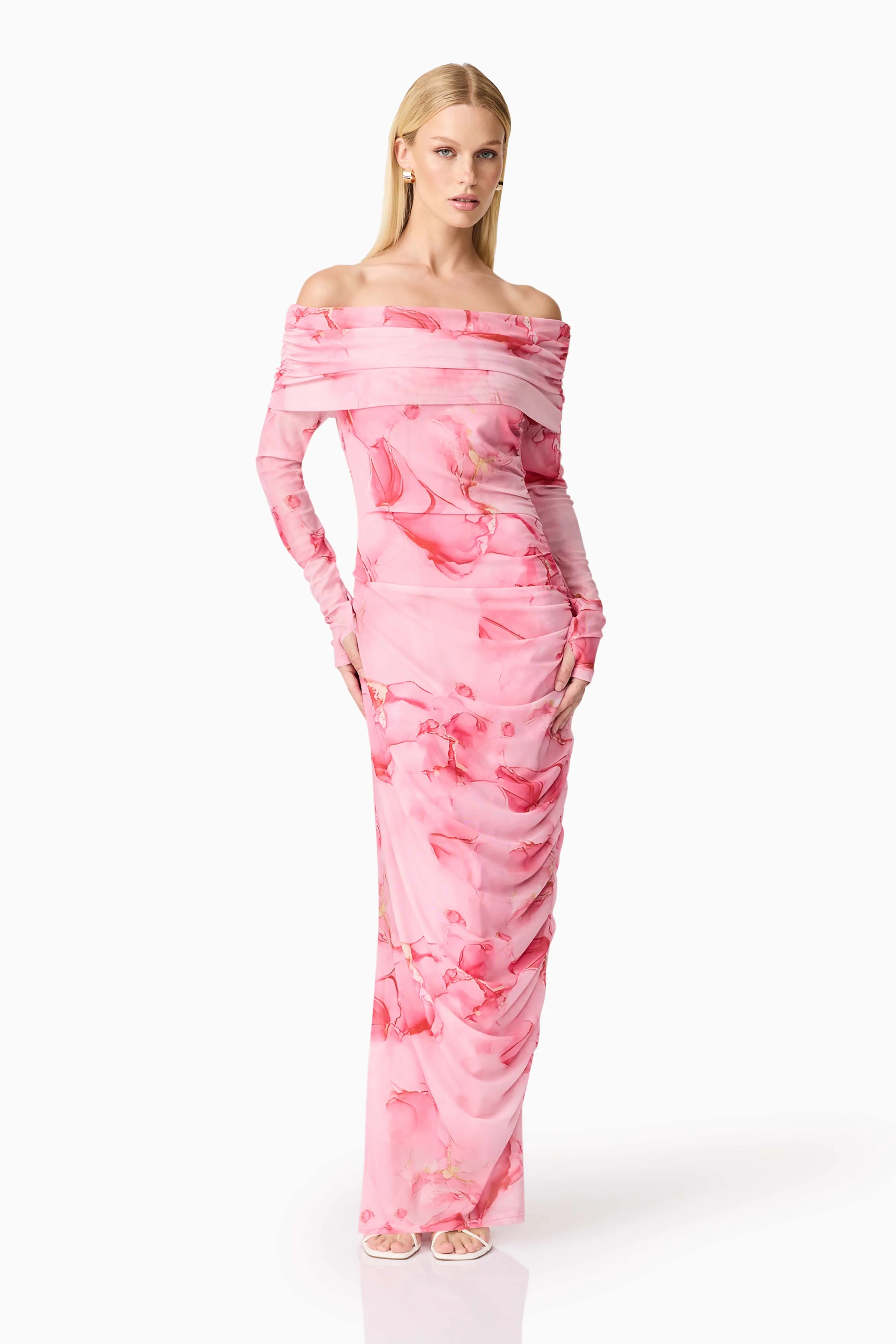 CURAAE Rosalia Off The Shoulder Maxi Dress in Pink Floral