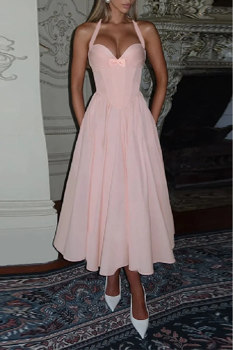 A-Line Tea Length Satin Wedding Guest Dress 973789759252