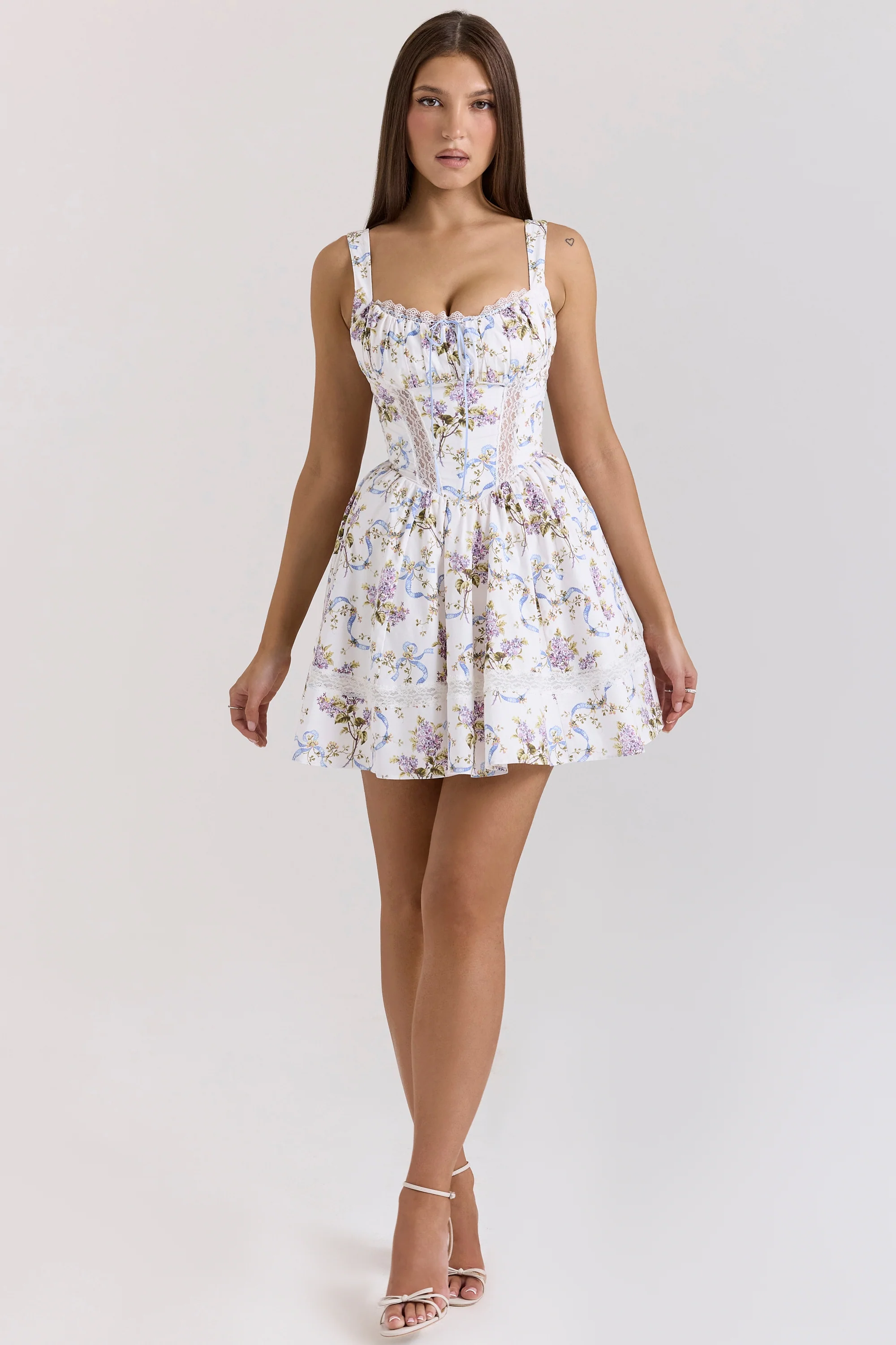white floral ribbon print cotton mini dress