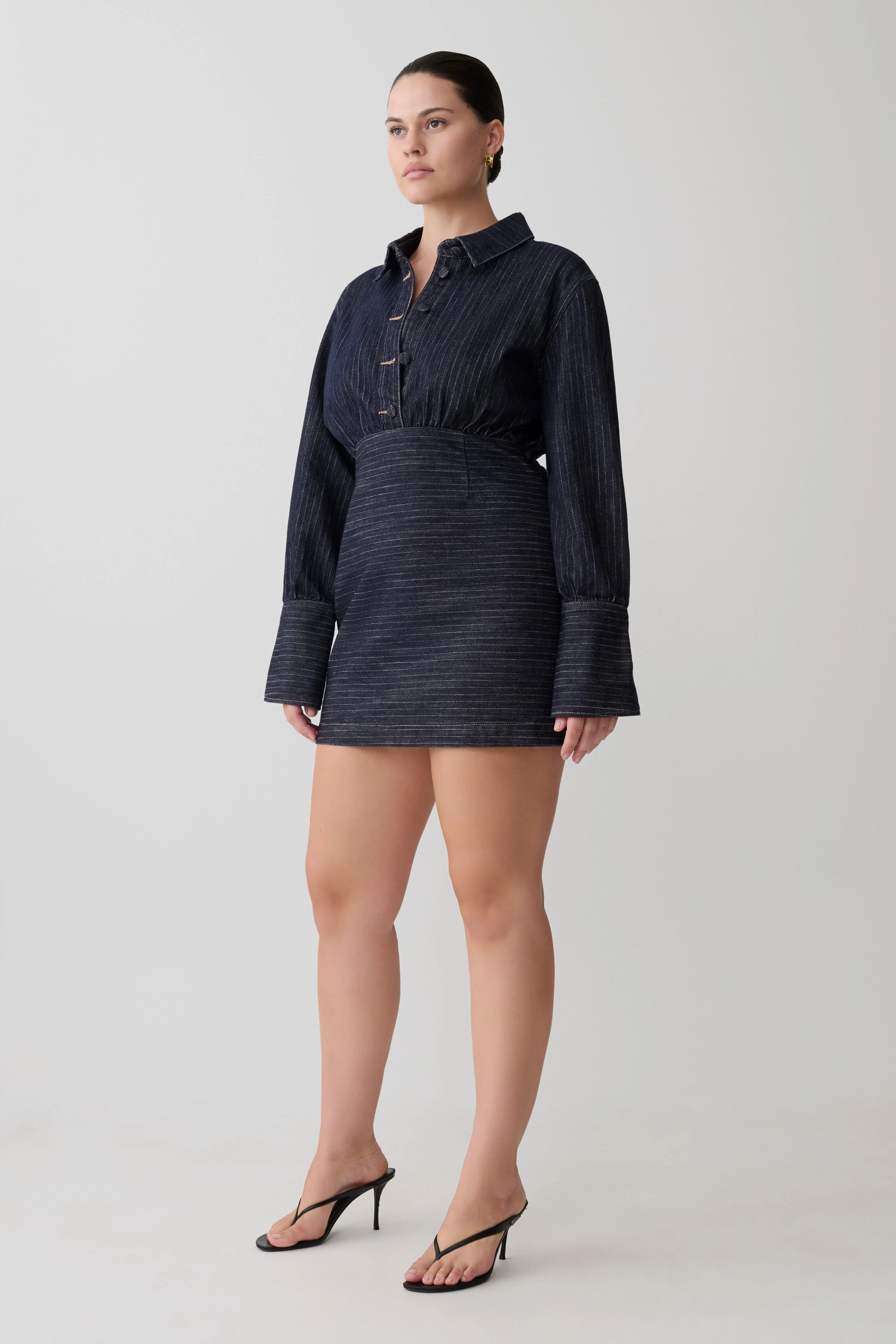 Zarah Denim Long Sleeve Mini Dress - Indigo Pinstripe