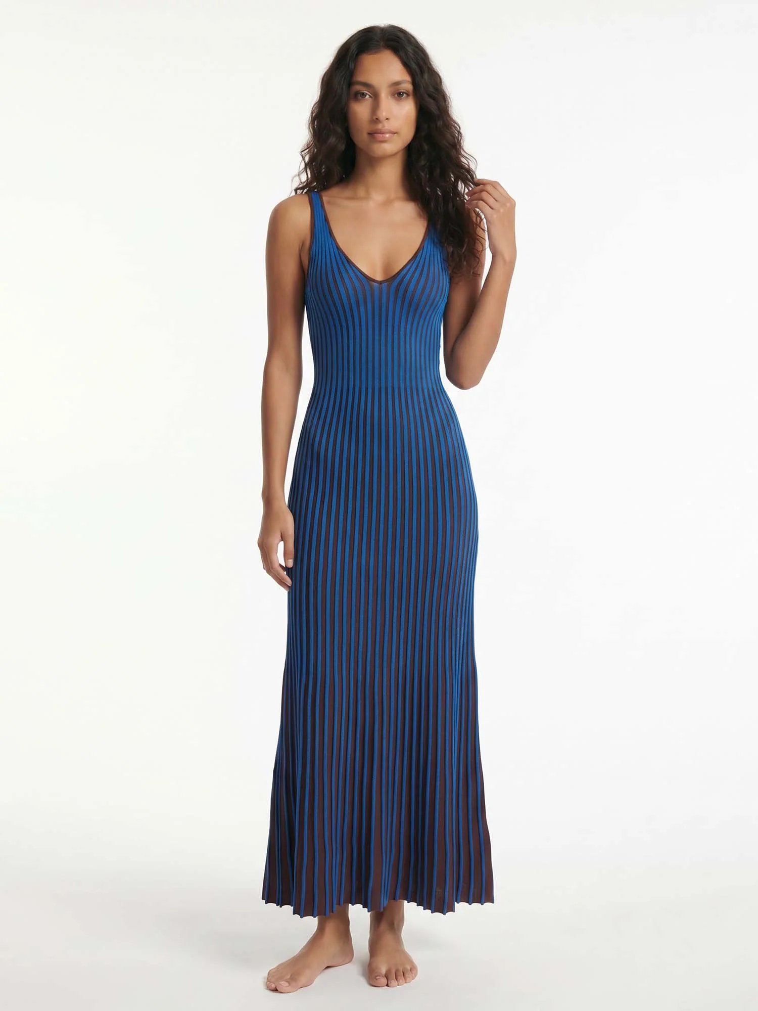 Indigo Stripe Pleated Midi Dress