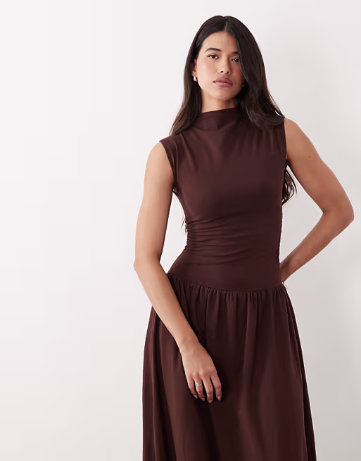 high neck drop waist sleeveless maxi dress in chocolate