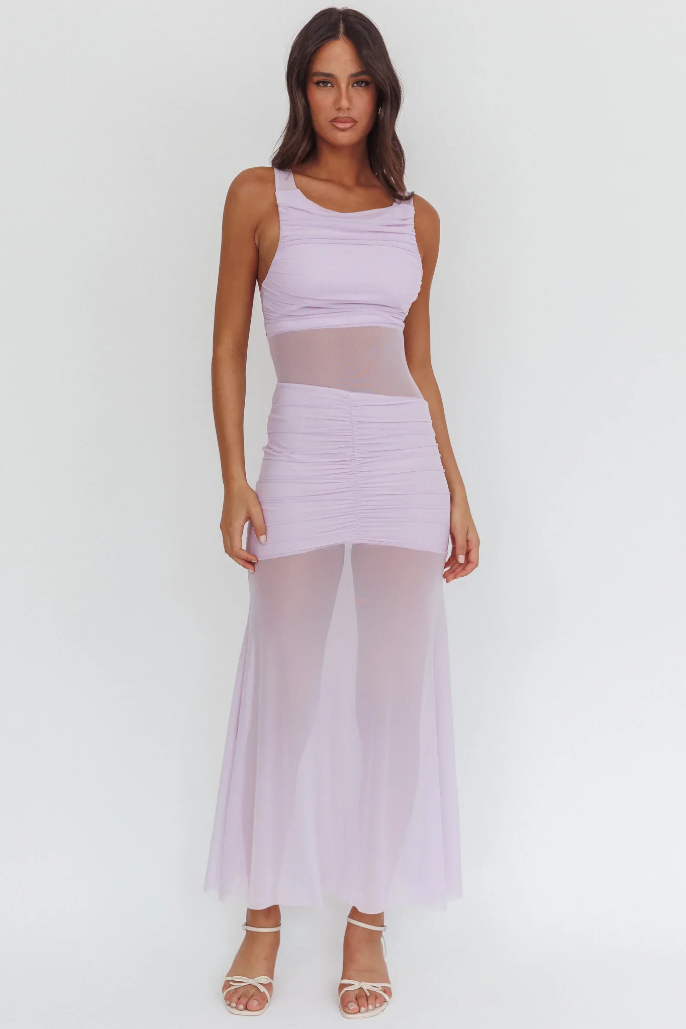Sade Sheer Panel Ruched Maxi Dress Lilac