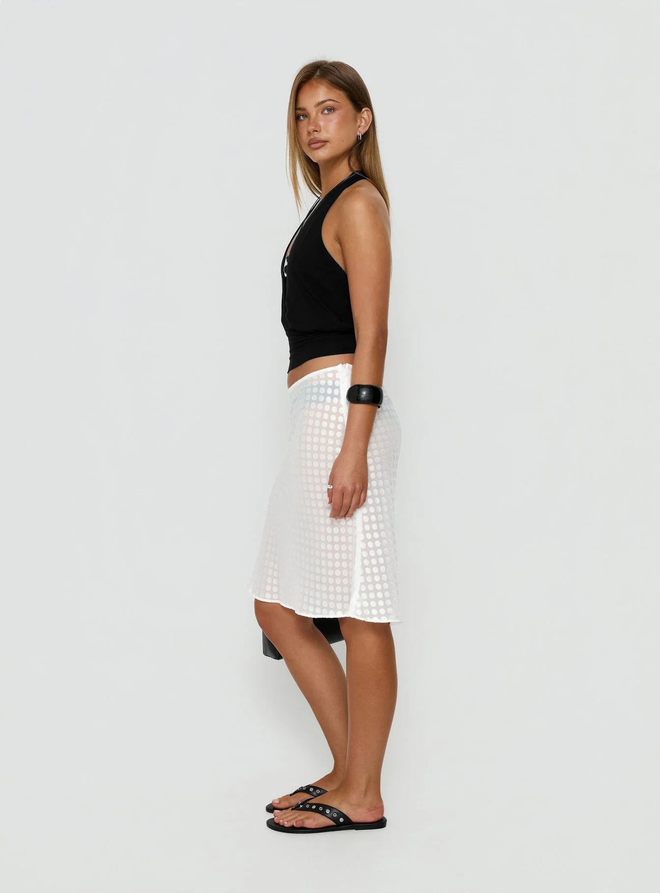 Evangela Sheer Midi Skirt White Polka Dot