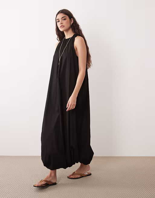 sleeveless maxi dress with puff hem in black