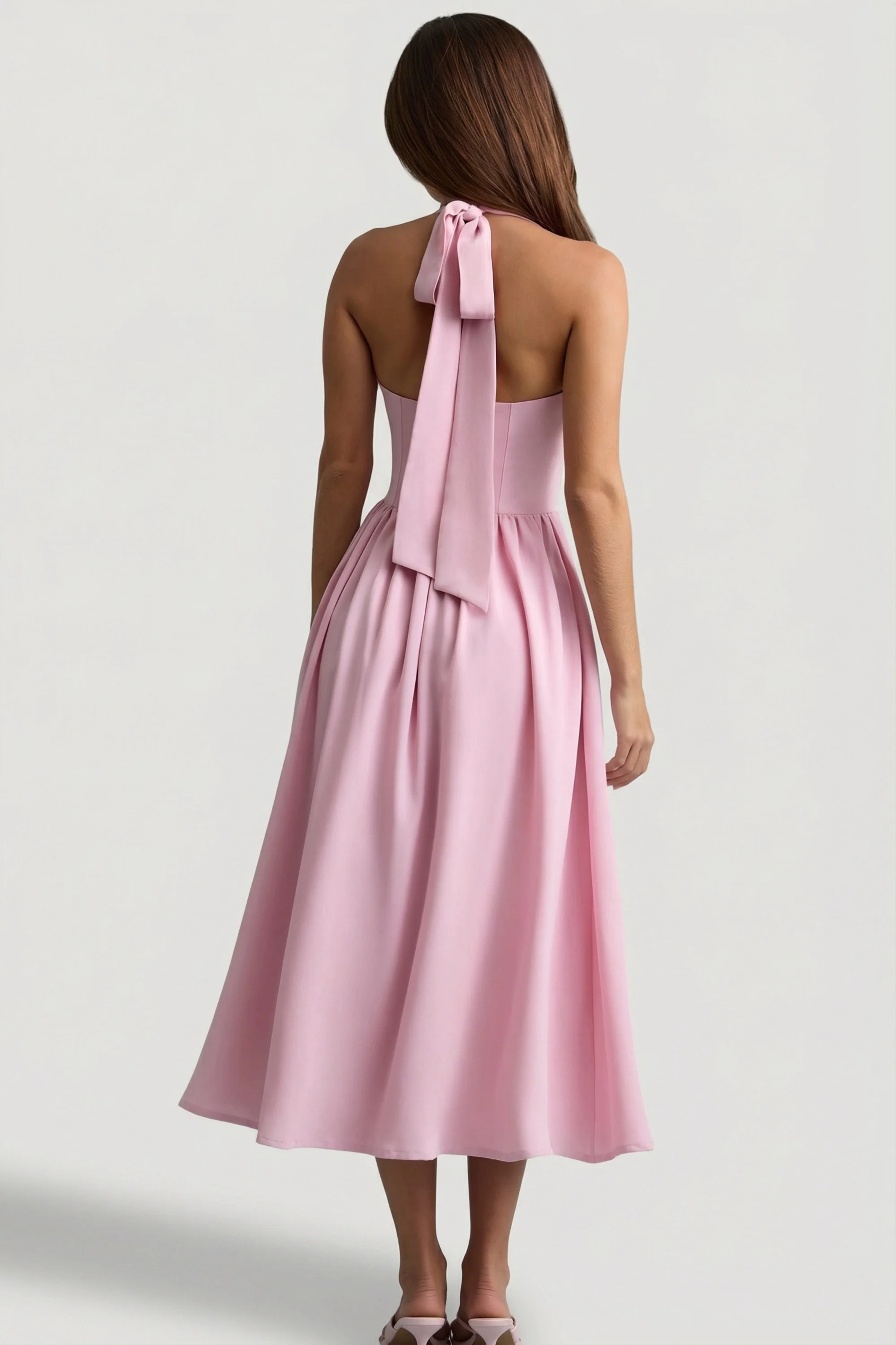 Button-Detail Halterneck Midaxi Dress in Soft Pink