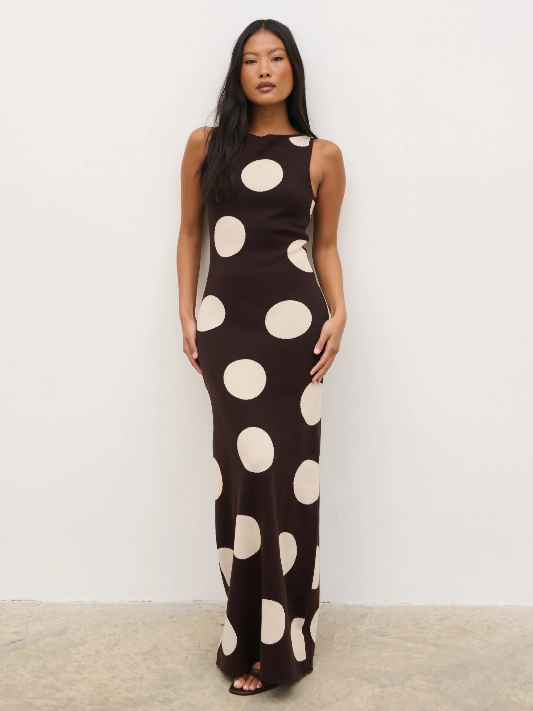 Sarover Polka Dot Maxi Knit Dress - Chocolate and Cream