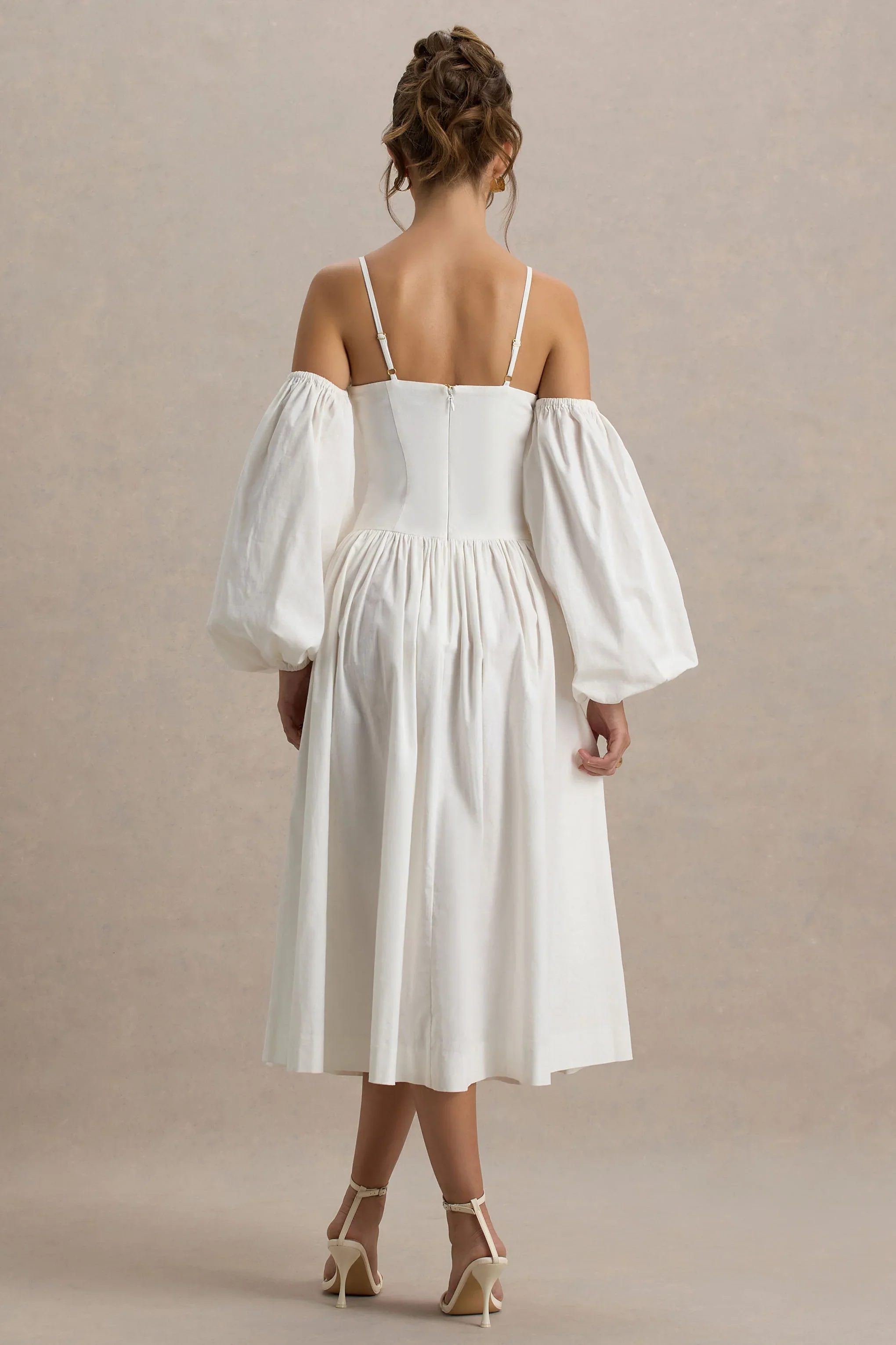 Macie | Cream Sweetheart Midi Dress With Balloon Sleeves