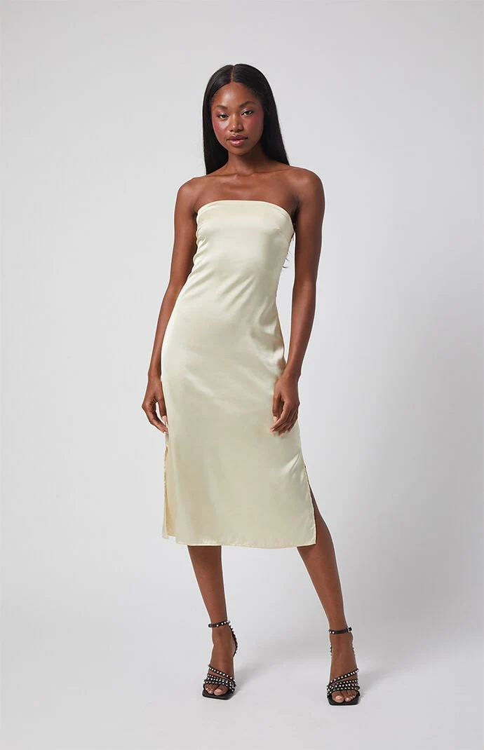 Beverly and Beck Strapless Satin Midi Dress