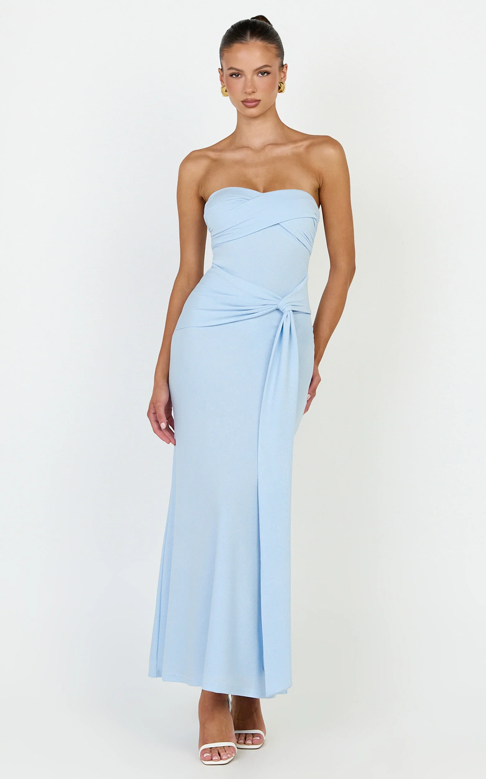 Aria Midi Dress - Strapless Tie Waist Dress in Light Blue