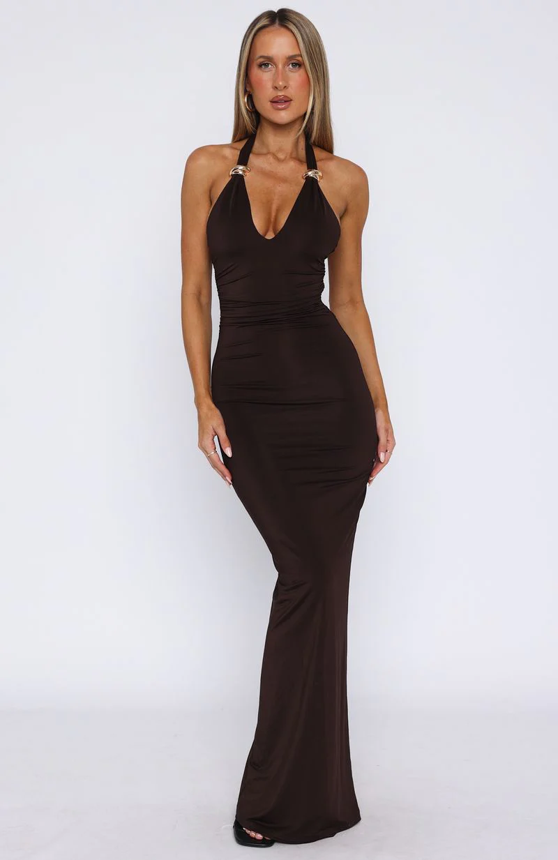 Waste A Moment Halter Maxi Dress Chocolate