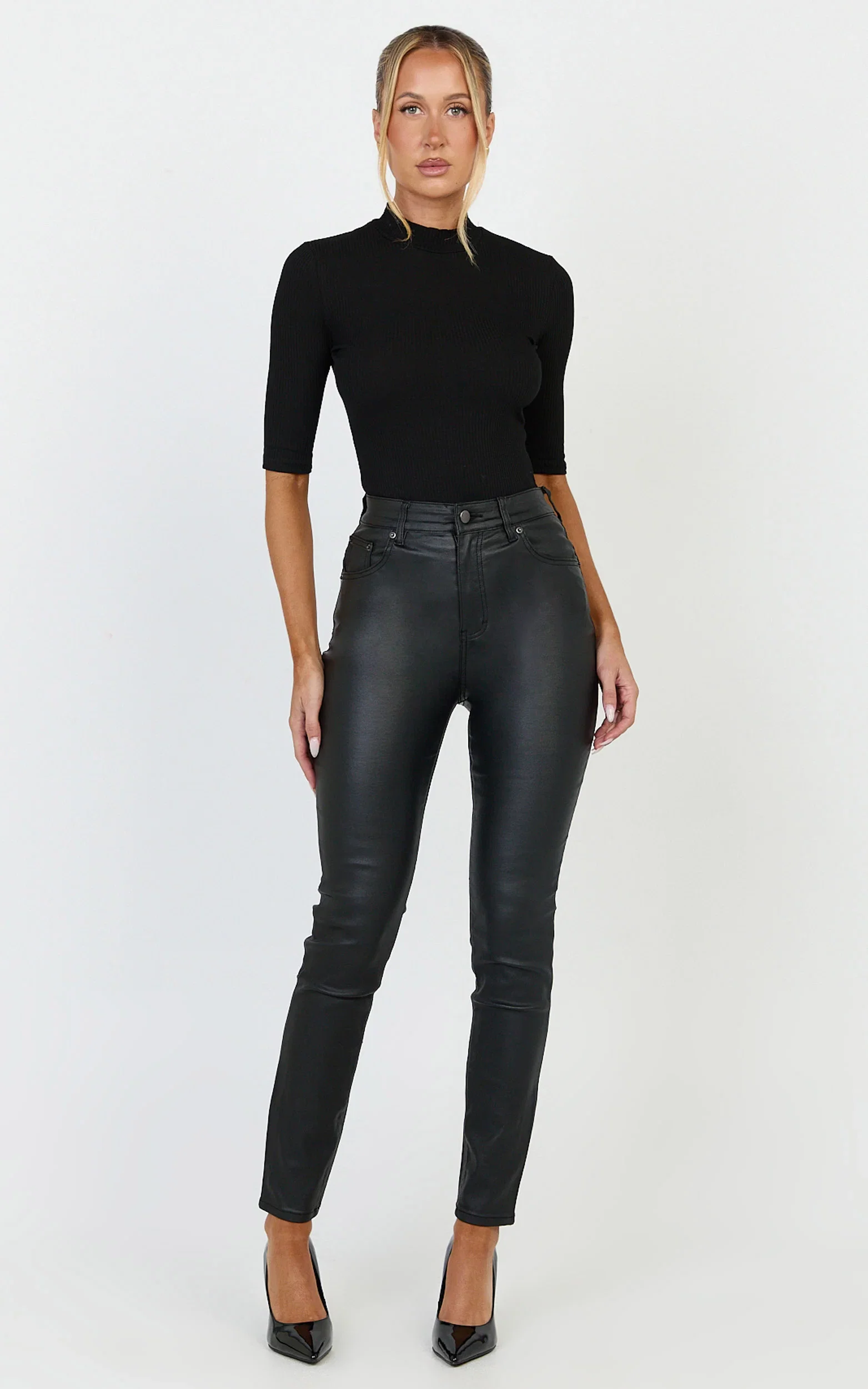 Whinnie Jeans - High Waist Skinny Coated Denim Jeans in Black