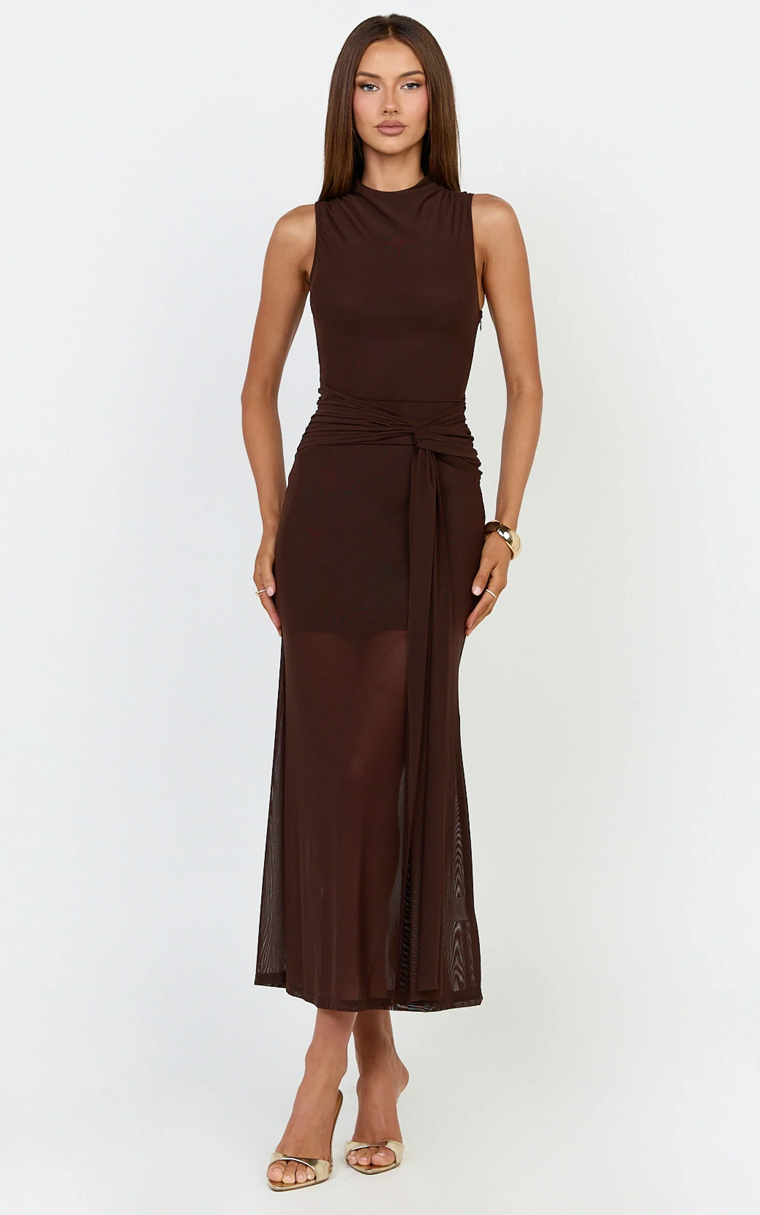 Jaimae Midi Dress - High Neck Side Knot Detail Mesh Dress in Chocolate
