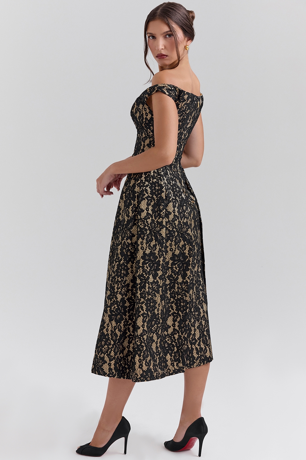 Black Gold Lace Off Shoulder Midi Gown