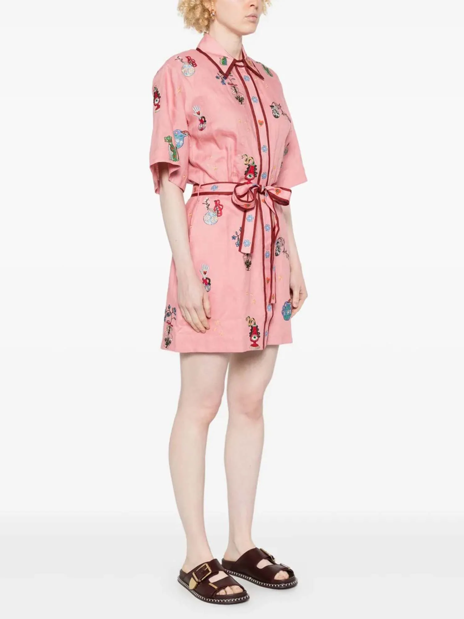 Pink Botanical Embroidered Mini Shirt Dress