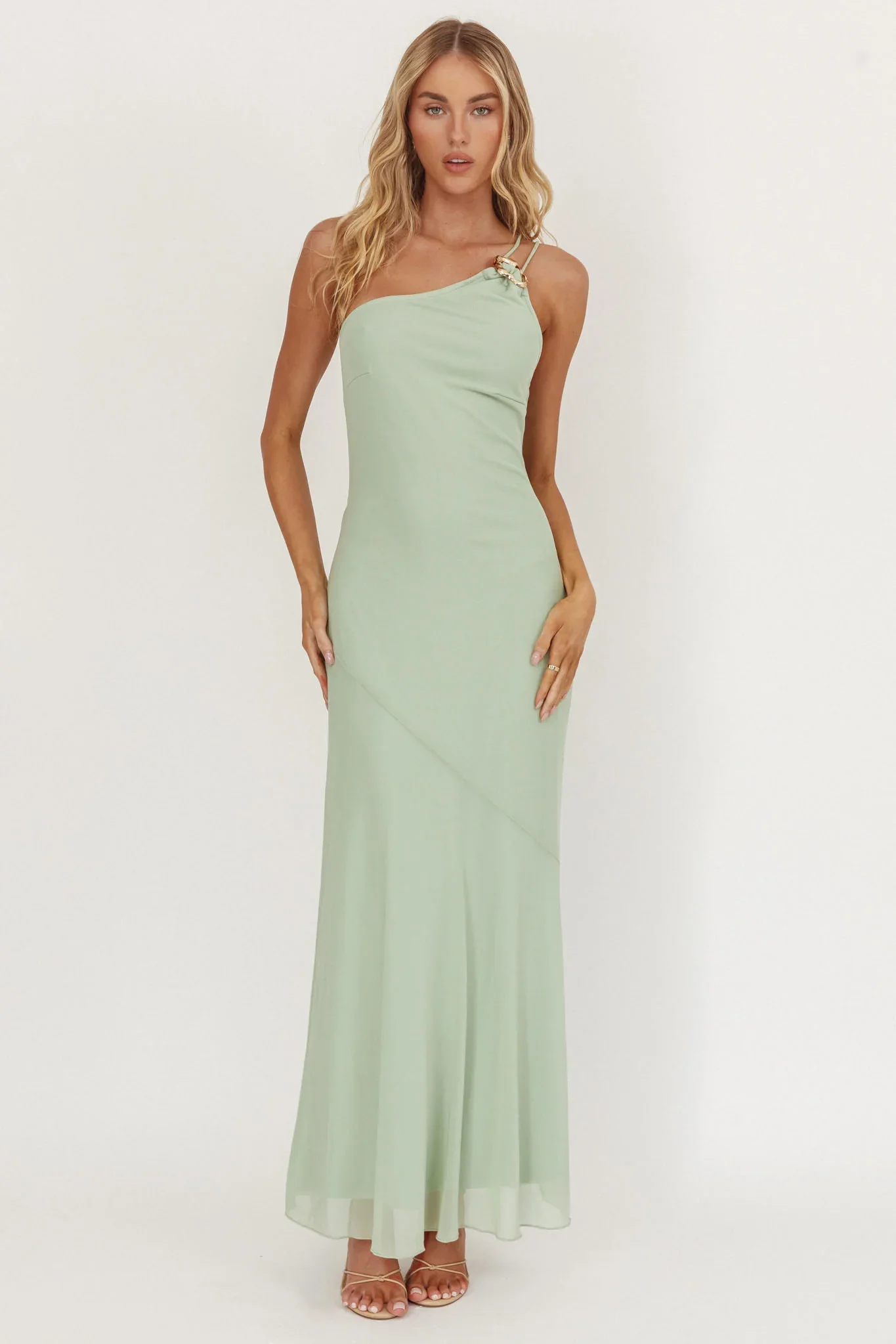 We Belong Together One-Shoulder Buckle Maxi Dress Mint