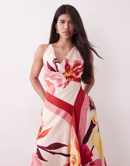 deep cowl asymmetric open back maxi dress in scarf print
