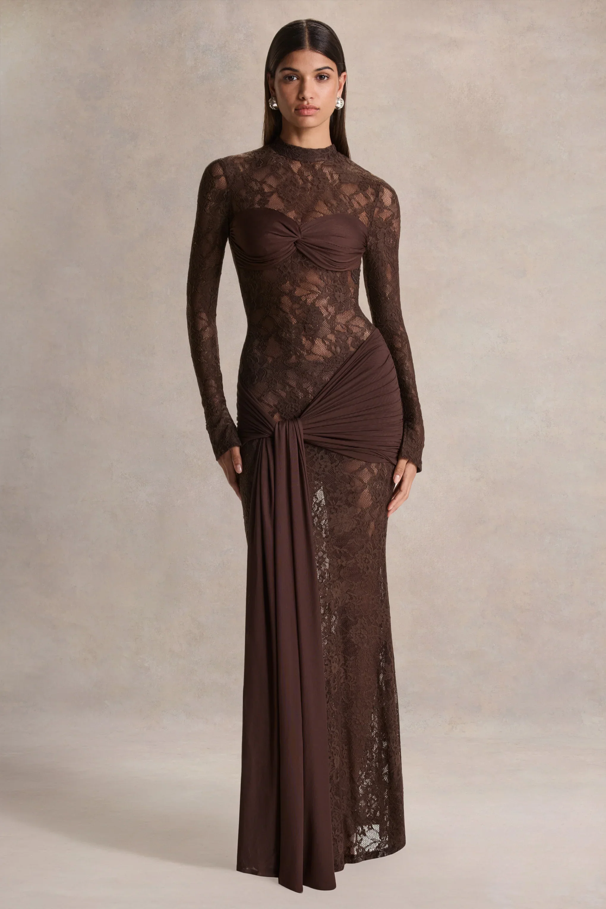 Akira | Brown Lace Maxi Dress With Sash-Detail