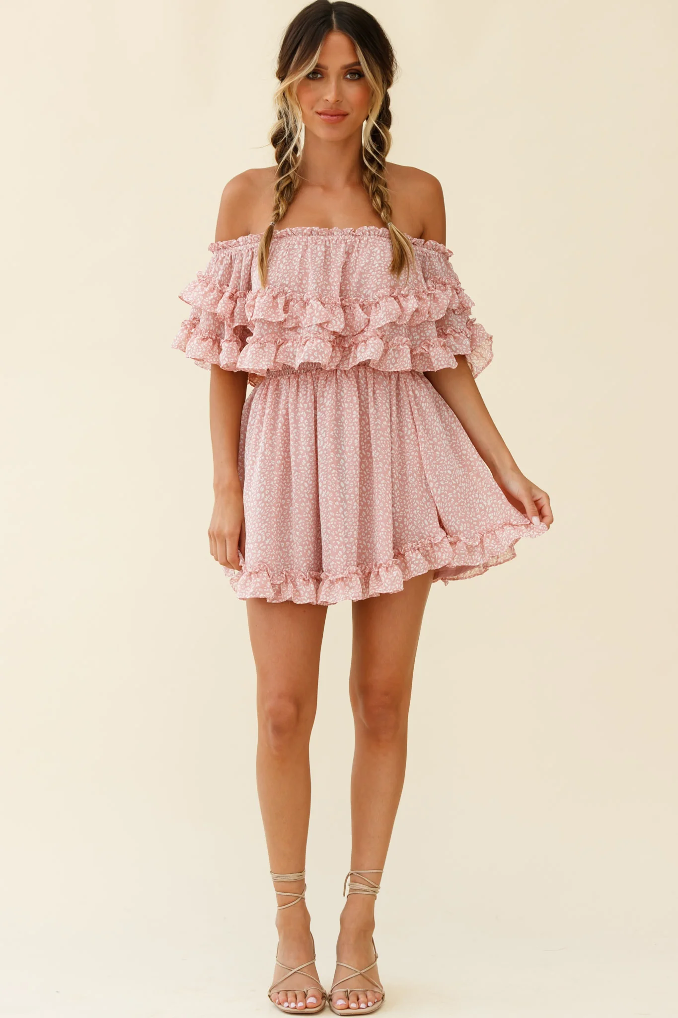 Meet Me At Sunset Bardot Neckline Frill Trim Dress Speckle Print Pink