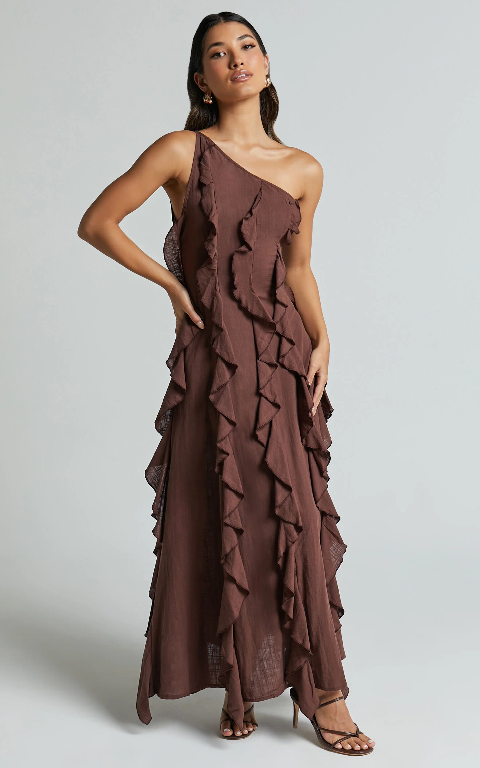 Britney Maxi Linen Dress - One Shoulder Ruffle Detail Dress in Chocolate