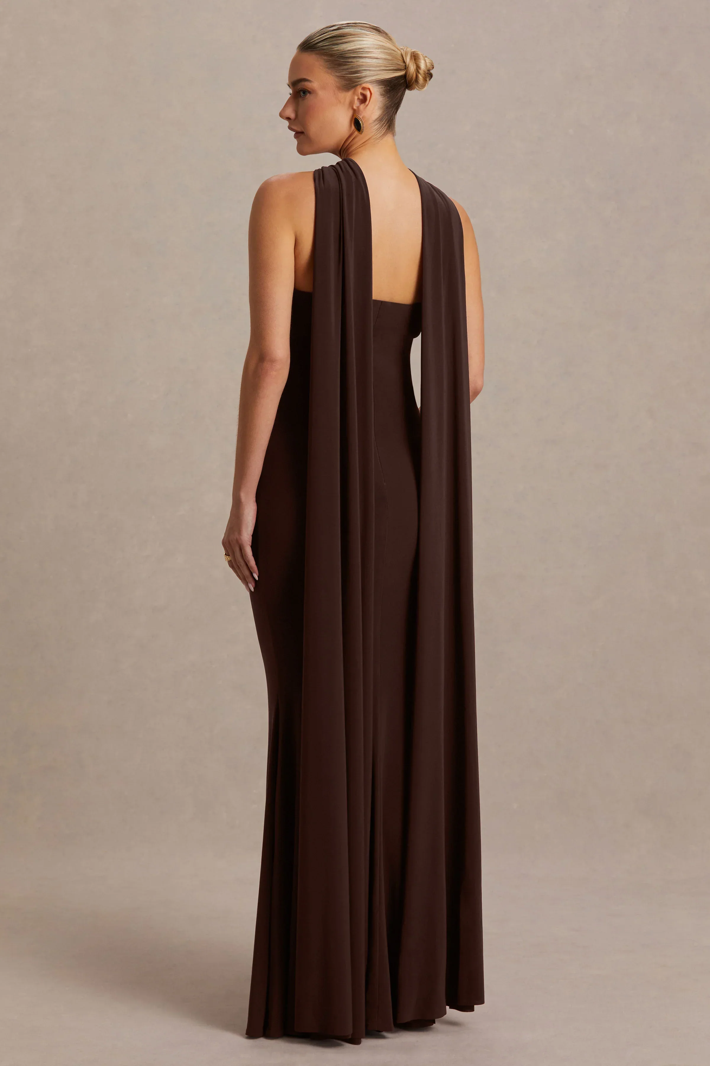 Lyra | Brown Cross Halter-Neck Maternity Maxi Dress With Cape
