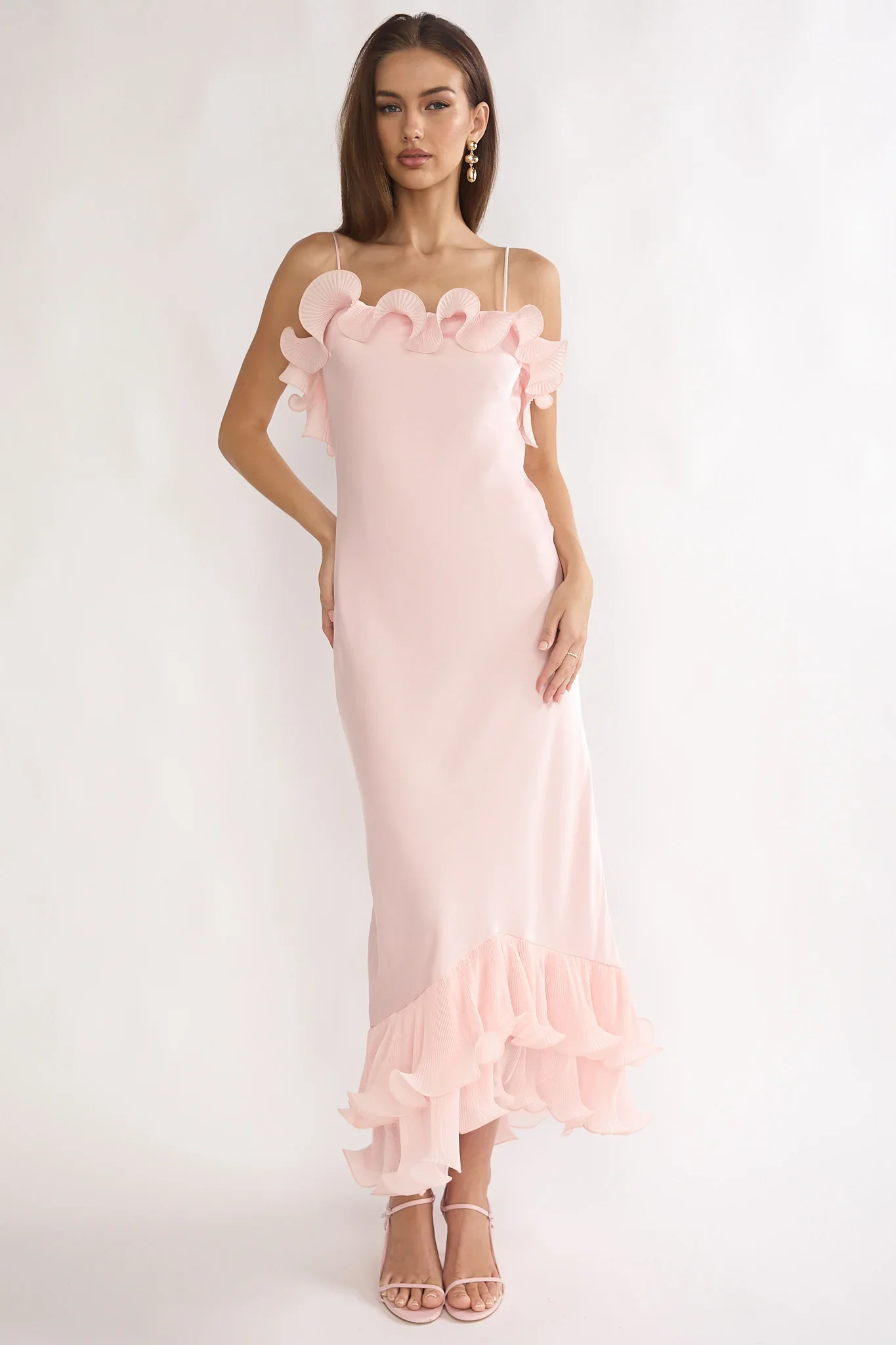 Okay, Cupid Low Back Ruffle Trim Maxi Dress Pink