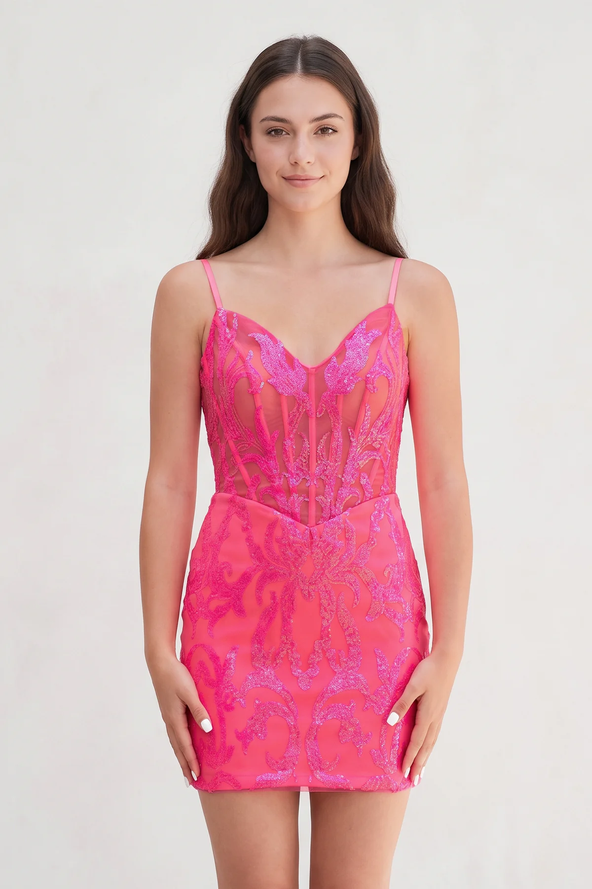 Glitter Hot Pink Fitted V-Neck Spaghetti Straps Sequined Appliques Mini Party Dresses