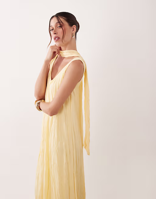 crinkle scoop neck maxi dress with scarf detail in yellow
